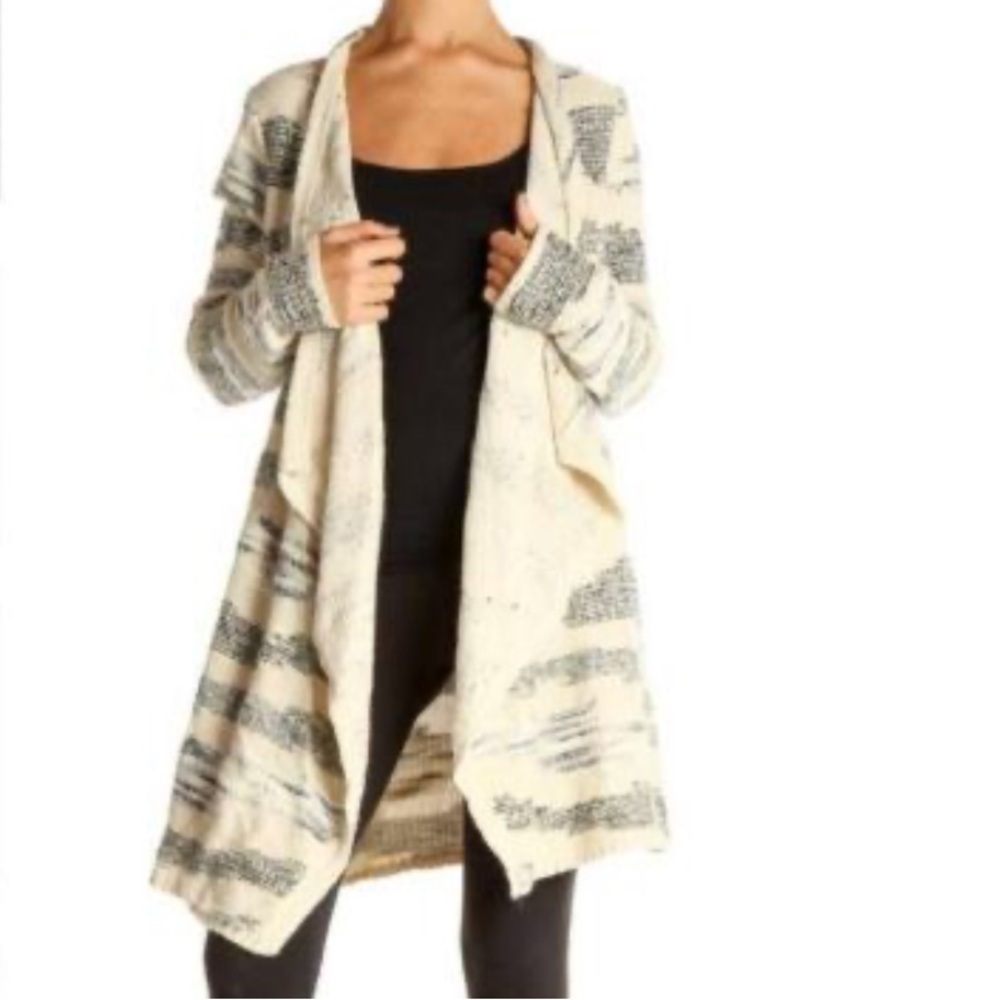 Lucky Brand Long Sleeve Ivory Blue Open Front Waterfall Cardigan Sweater Size L